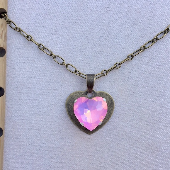Pink Opal Aurora Borealis Crystal Heart Pendant Necklace - Picture 3 of 16